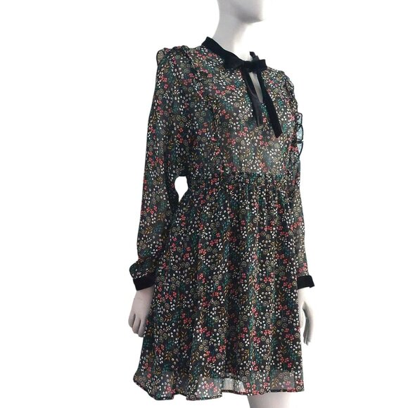 Zara Sheer Floral Mini Dress L Romantic Velvet Trim Goth Cottagecore Tie Neck - Picture 11 of 16